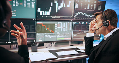 Buy stock photo Men, stress and graphs with trading, computer screen and voip headset for consulting at investment agency. Business people, partner and crisis with charts for lost profit, revenue and market crash