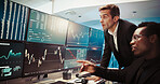Computer screen, invest and business people in office, conversation and internet with connection. Employees, traders and advice for stock market, pc and financial growth with website info with stats