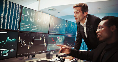 Buy stock photo Computer screen, invest and business people in office, conversation and internet with connection. Employees, traders and advice for stock market, pc and financial growth with website info with stats