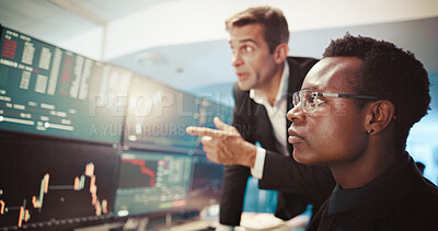 Buy stock photo Computer screen, trading and men in office, discussion and internet with connection, stock market and stats. Conversation, traders and advice for investment, pc and financial growth with website info