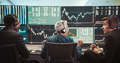 Buy stock photo Computer screen, finance or people celebrate for stock market, financial analytics or profit success. Fintech, office or back of men or woman on monitor for online investment, revenue charts or bonus