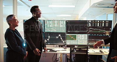 Buy stock photo Computer screen, meeting and stock market with business people in office together for investment or trading. Collaboration, finance and portfolio management with broker or trader team in workplace