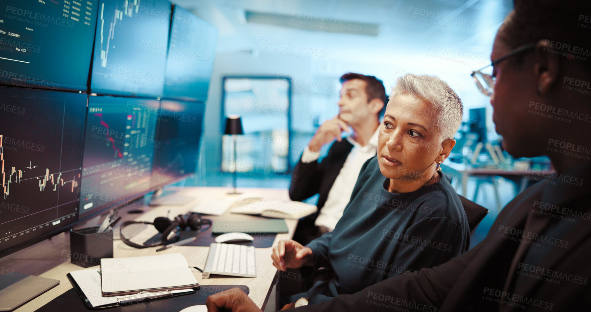 Buy stock photo Computer screen, trading and business people in office, advice and internet with economy graphs. Employees, traders or pc for investment, charts and financial growth with website info or conversation