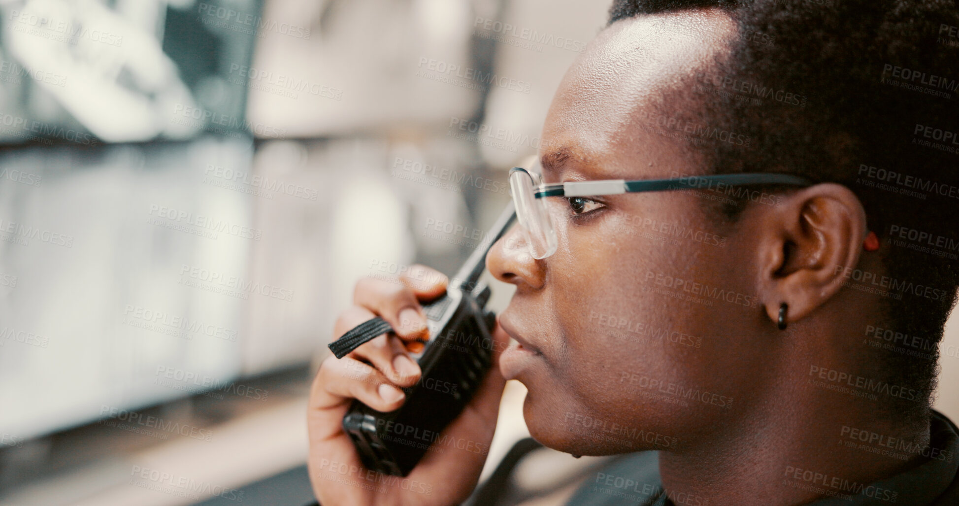 Buy stock photo Security guard, safety and man with radio, video and watching surveillance for protection or serious. Business, communication and black person with tech for backup, digital and review of cctv monitor