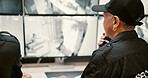 Camera, security and person on computer screen for surveillance, inspection and monitoring. Inspection, footage and guard with live feed on monitor for protection, and building safety in control room