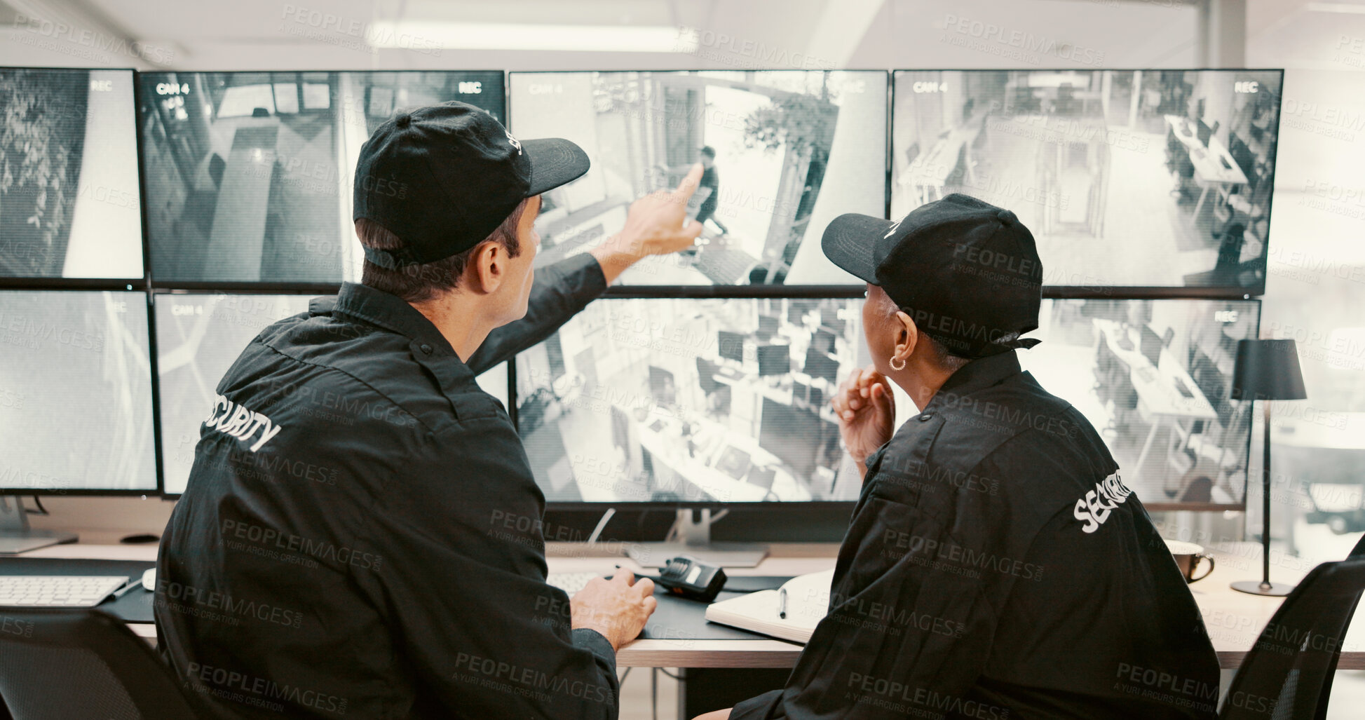 Buy stock photo Camera, security and people pointing on computer screen for surveillance, observation and monitoring. Inspection, footage and guards with live feed for protection and building safety in control room