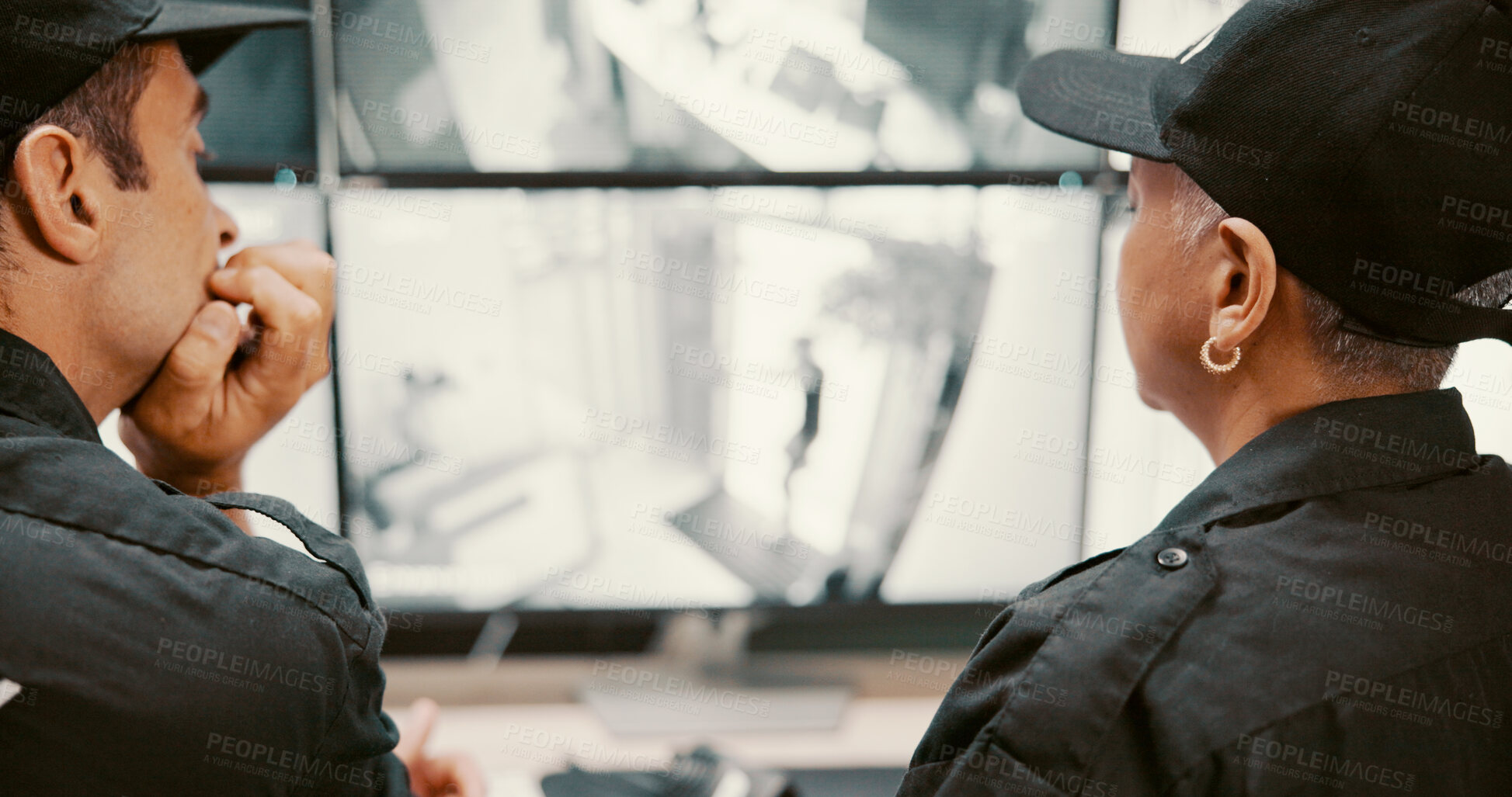 Buy stock photo Camera, security and people on computer screen for surveillance, inspection and investigation. Observation, team and guards with live feed on monitor for protection or building safety in control room