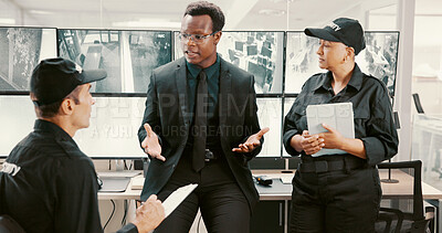 Buy stock photo Security guard, screen and group with surveillance, control room or discussion of safety with footage. Collaboration, talking and people with computer for observation, video or protection in business