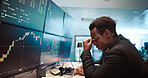 Trading, man and broker with headache by computer for stock market crash, financial crisis and bad investment. Screen, black person or stress for finance loss, exchange risk or price plummet at night