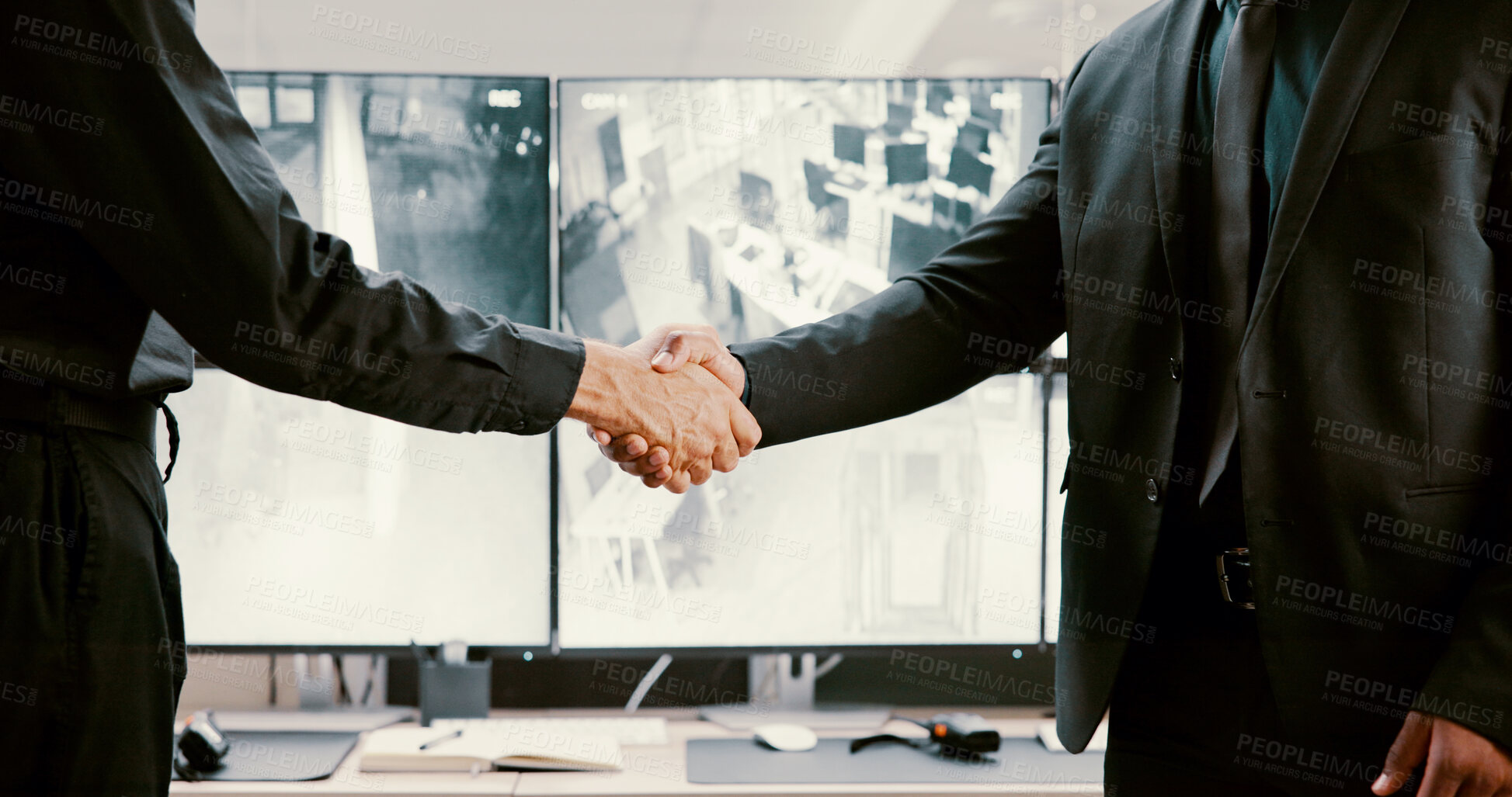 Buy stock photo Business people, surveillance and handshake in office for welcome with computer screen. Collaboration, shaking hands and agreement for cctv deal, secret contract and safety partnership for security