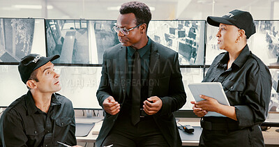 Buy stock photo Security guard, discussion and group with surveillance, screen or safety with footage in control room. Collaboration, talking and people with computer for observation, video or protection in business