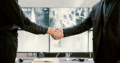 Buy stock photo Business people, security and handshake in office for welcome with computer screen. Collaboration, shaking hands and agreement for cctv deal, secret contract and safety partnership for surveillance