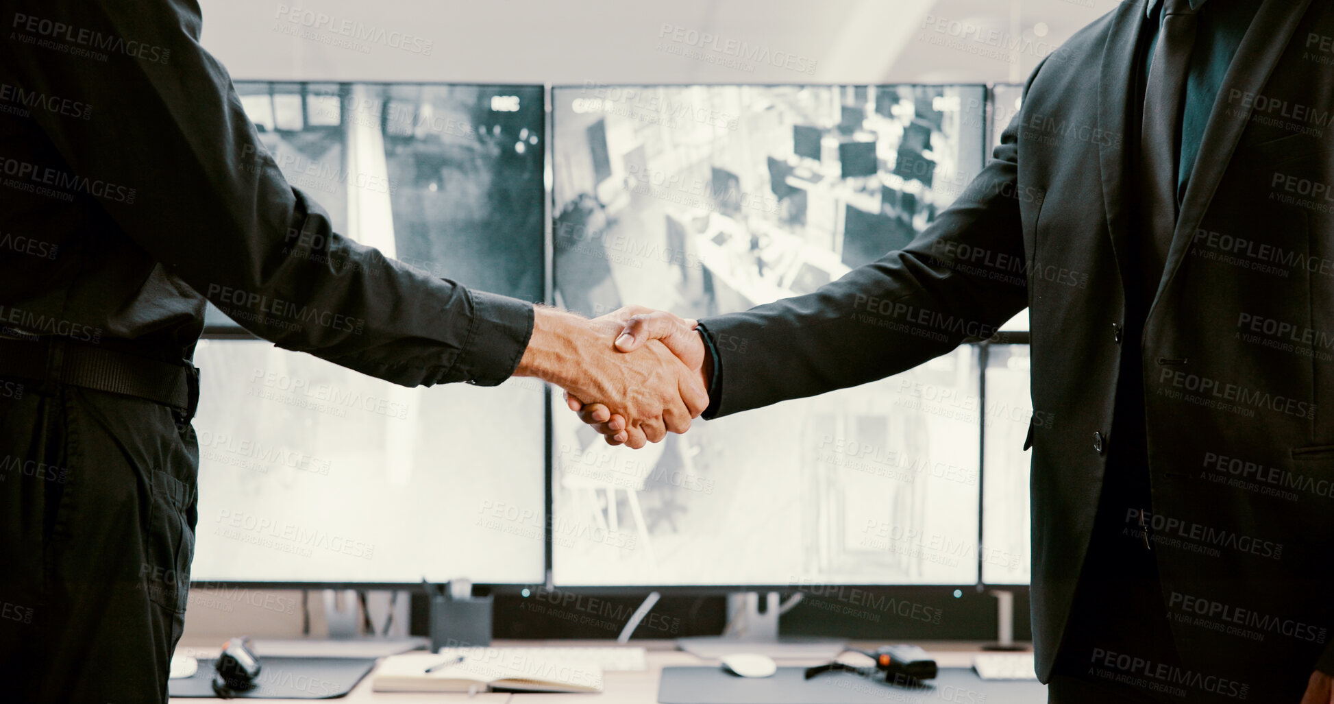 Buy stock photo Business people, security and handshake in office for welcome with computer screen. Collaboration, shaking hands and agreement for cctv deal, secret contract and safety partnership for surveillance