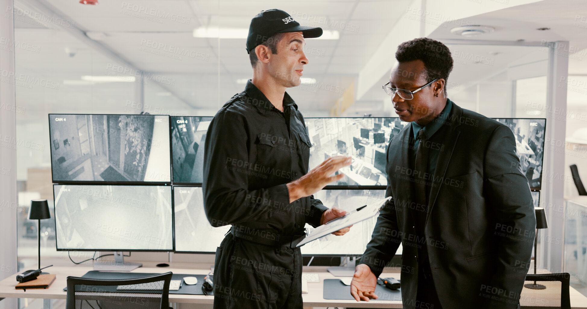 Buy stock photo Team, security guard and talking in control room, surveillance and review of footage for safety. Collaboration, employees and people with computer for observation, video and protection in business