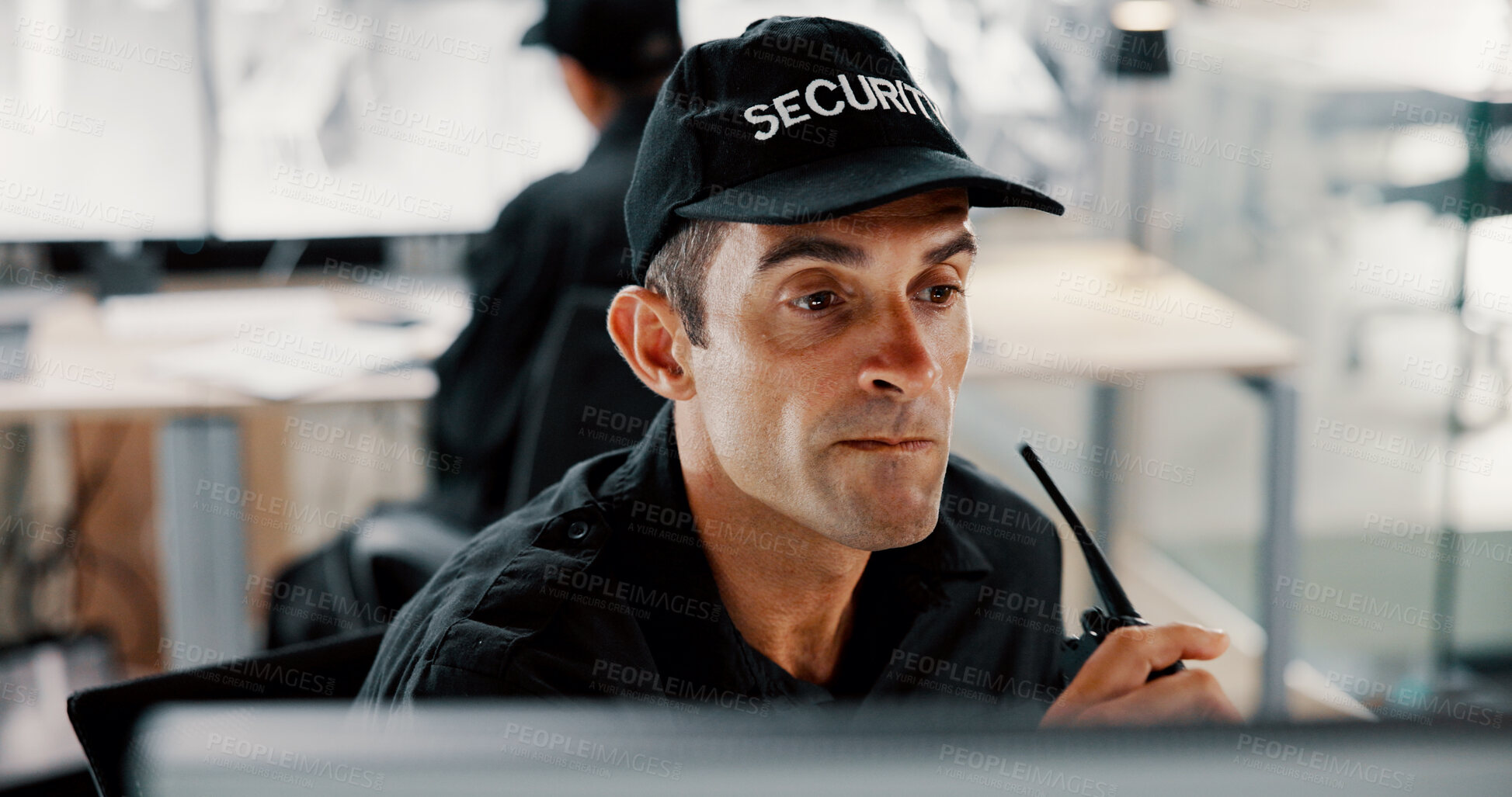Buy stock photo Security, man and watching footage, control room and radio for backup, surveillance and thinking with tech. Protection, bodyguard and person with computer for observation, contemplating and safety