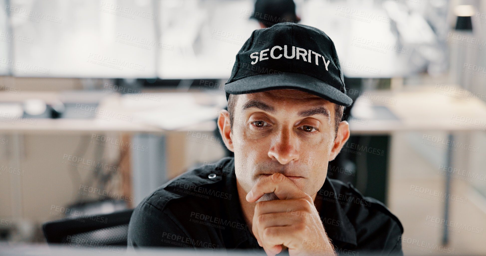 Buy stock photo Security guard, watching and man with computer, video or serious for safety in control room. Digital, online and person with tech for footage, private service or review of surveillance for protection