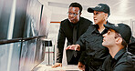 Security guard, watching and group with surveillance, control room and review of footage for safety. Collaboration, employees and people with computer for observation, video or protection in business