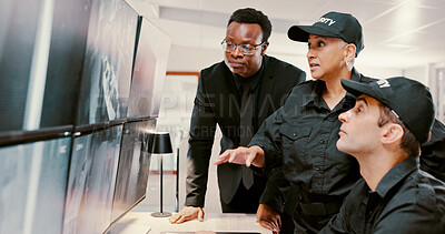 Buy stock photo Security guard, watching and group with surveillance, control room and review of footage for safety. Collaboration, employees and people with computer for observation, video or protection in business