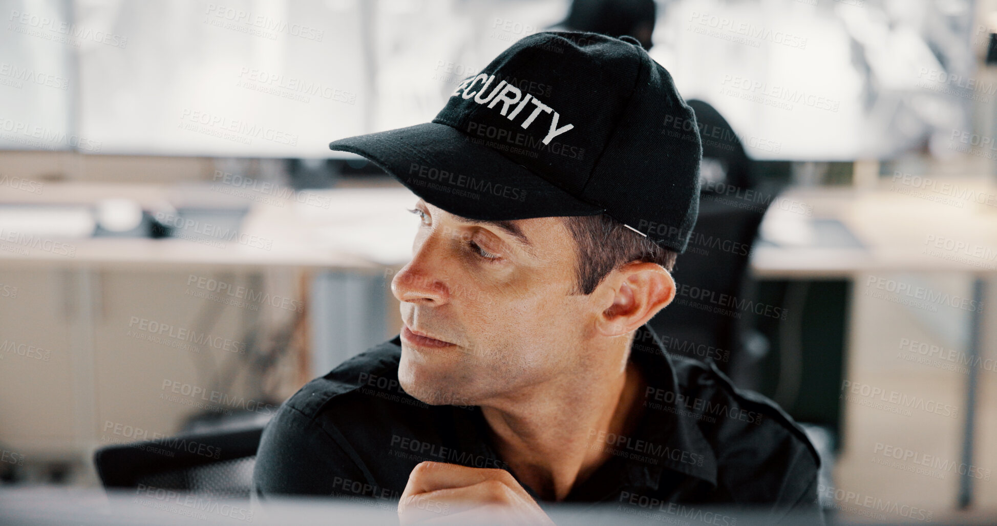 Buy stock photo Security guard, serious and man with computer, surveillance or thinking for safety in control room. Digital, online and person with tech for footage, private service or video for protection in office