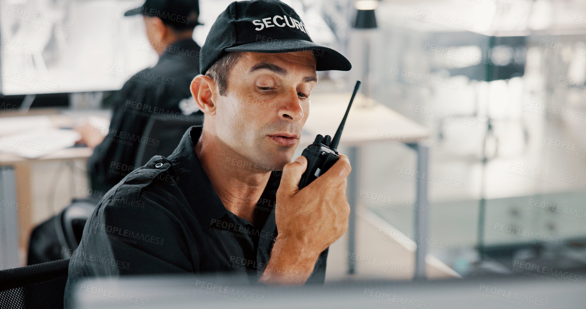 Buy stock photo Security, computer and man with radio, control room and communication for backup, surveillance and tech. Protection, bodyguard and person with footage for observation, talking and thinking of safety