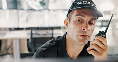 Buy stock photo Security, computer and man with radio, surveillance and communication for backup, tech and control room. Protection, bodyguard and person with footage for observation, talking and thinking of safety