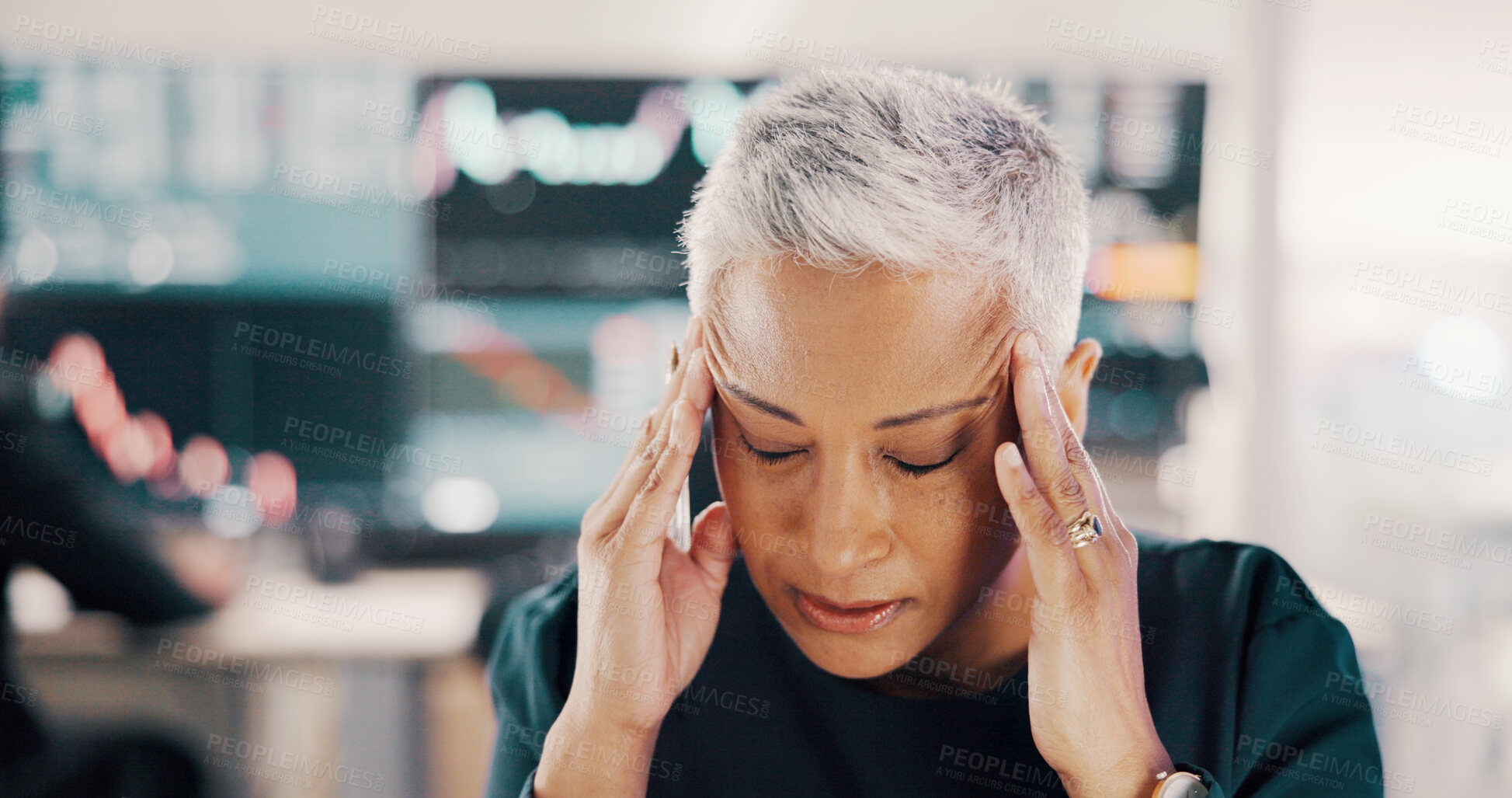 Buy stock photo Business, headache and woman in office, stress and overworked with inflation, pain and burnout. Mature person, investment banker or employee in workplace, migraine and pressure with tension or strain
