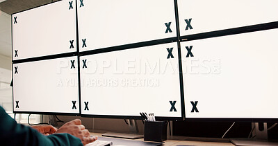 Buy stock photo Computer screens, office and hands typing by space for security, safety or cctv footage on monitor. Protection service, tracking markers and person by blank desktop with surveillance in control room.