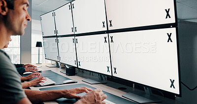 Buy stock photo Man, screen or space on computer in data center for trading, finance or stock market prices. Analysis, tracking markers or traders typing on monitor with desktop, mockup or technology in control room