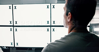 Buy stock photo Man, back or space on monitor in control room for trading, finance info or stock market prices. Screen, tracking markers or trader typing on computer with desktop, mockup or technology in data center