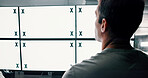 Man, back or space on monitor in control room for trading, finance info or stock market prices. Screen, tracking markers or trader typing on computer with desktop, mockup or technology in data center