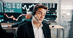 Man, headset and talking with computer of trading plan, stock market increase and review financial growth. Trader, discussion and help with problem solving advice, value update and monitor investment