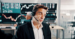 Broker, man or talking with headset in office for client portfolio management, investment advice or FAQ. Call center, stocks advisor and customer query for market insight, finance news and assistance