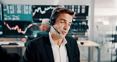 Buy stock photo Broker, man or talking with headset in office for client portfolio management, investment advice or FAQ. Call center, stocks advisor and customer query for market insight, finance news and assistance