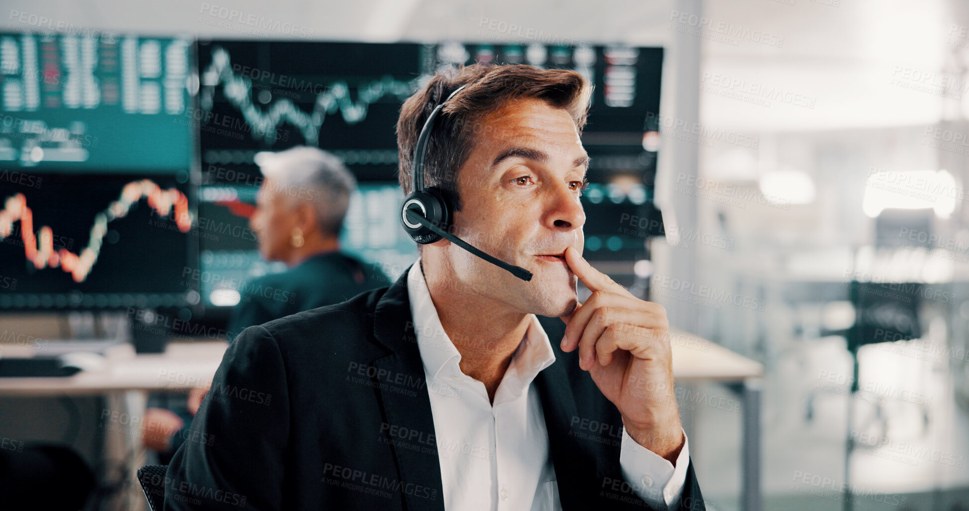 Buy stock photo Thinking, man and finance for trading in office, stock market decision and solution of financial growth. Trader, headset and ideas for cryptocurrency problem solving, value update and investment loss
