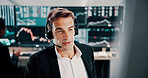 Trading broker, computer and man with headset for financial guidance, investment advice and market insight. Call center, portfolio management and consulting client with stock trends review and update