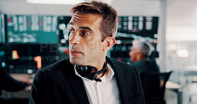 Buy stock photo Computer, finance and man in office for stock market, financial analytics and trading review. Call center, business and person with headset for online investment, revenue charts and statistics