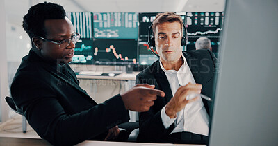Buy stock photo Men, headset and talk with computer for trading plan, stock market increase and review financial growth. People, trader and pointing for problem solving advice, value update and monitor investment