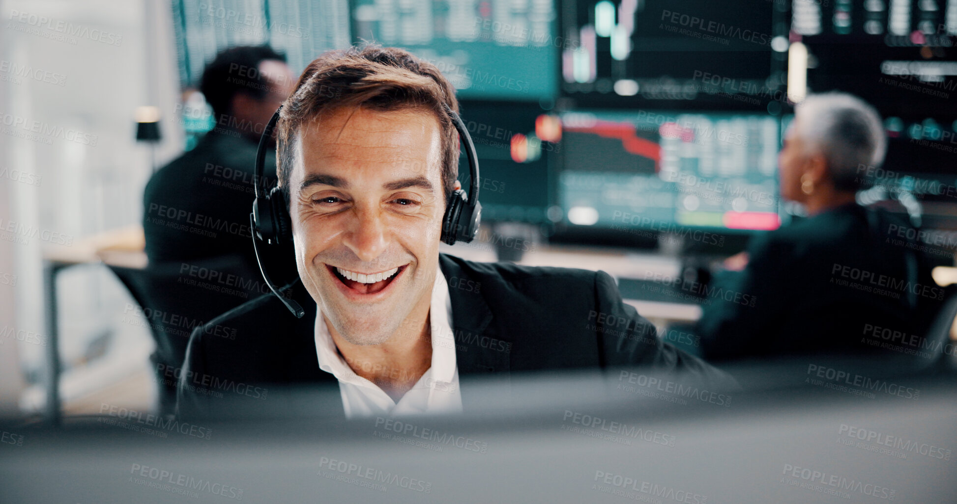 Buy stock photo Computer, finance and happy man with headset for stock market, financial analytics and trading review. Call center office, business and person for online investment, revenue charts and statistics