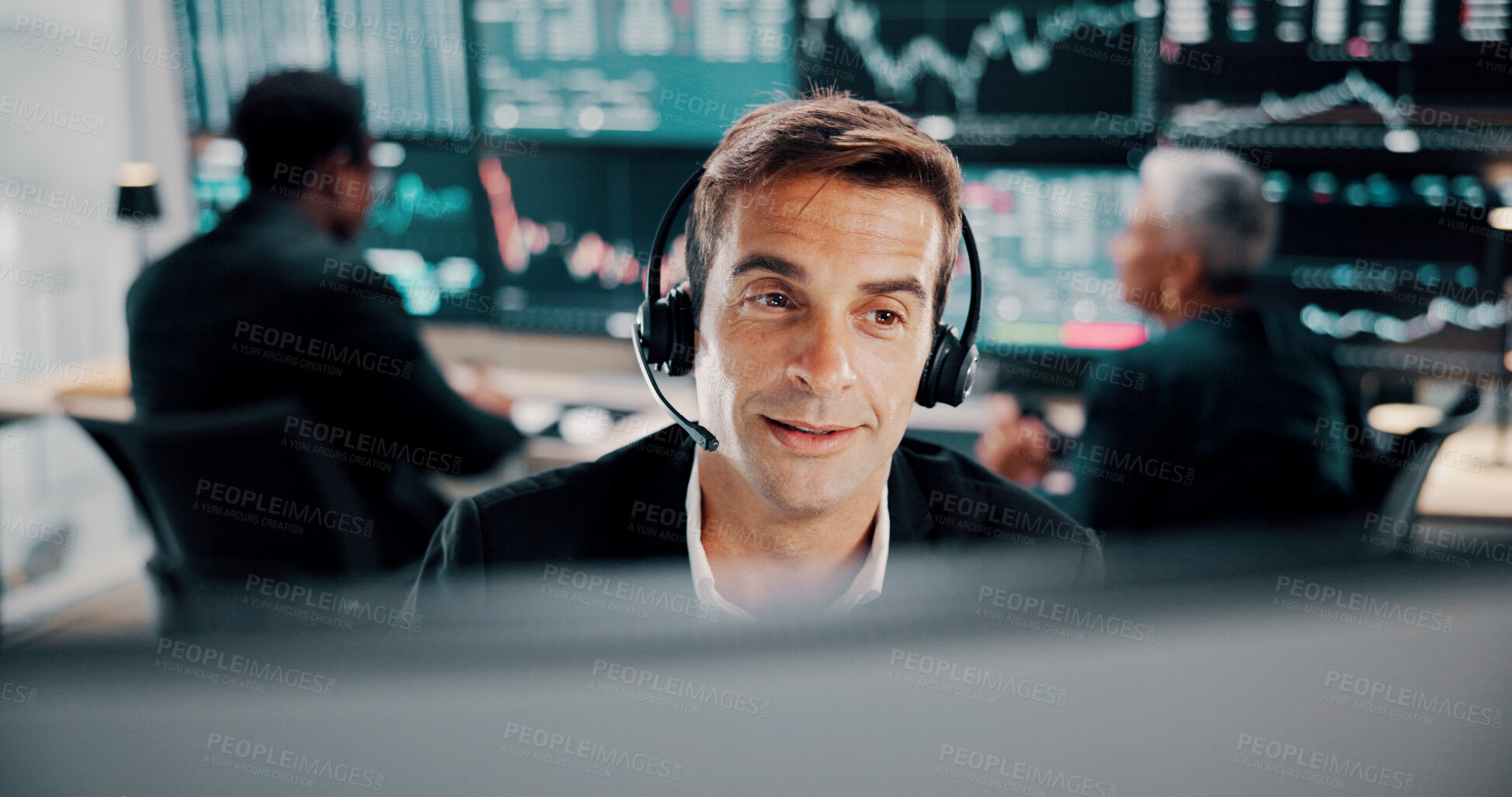 Buy stock photo Stock trading, man and headset by computer for customer support, investment insight and market trends FAQ. Call center, financial broker and client query for finance news, NFT assistance or help desk