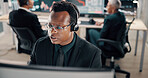 Business, headset and man in office, computer and call center with help desk, talking or trading expert. Person, employee or consultant in workplace, headphones or financial advisor with stock market
