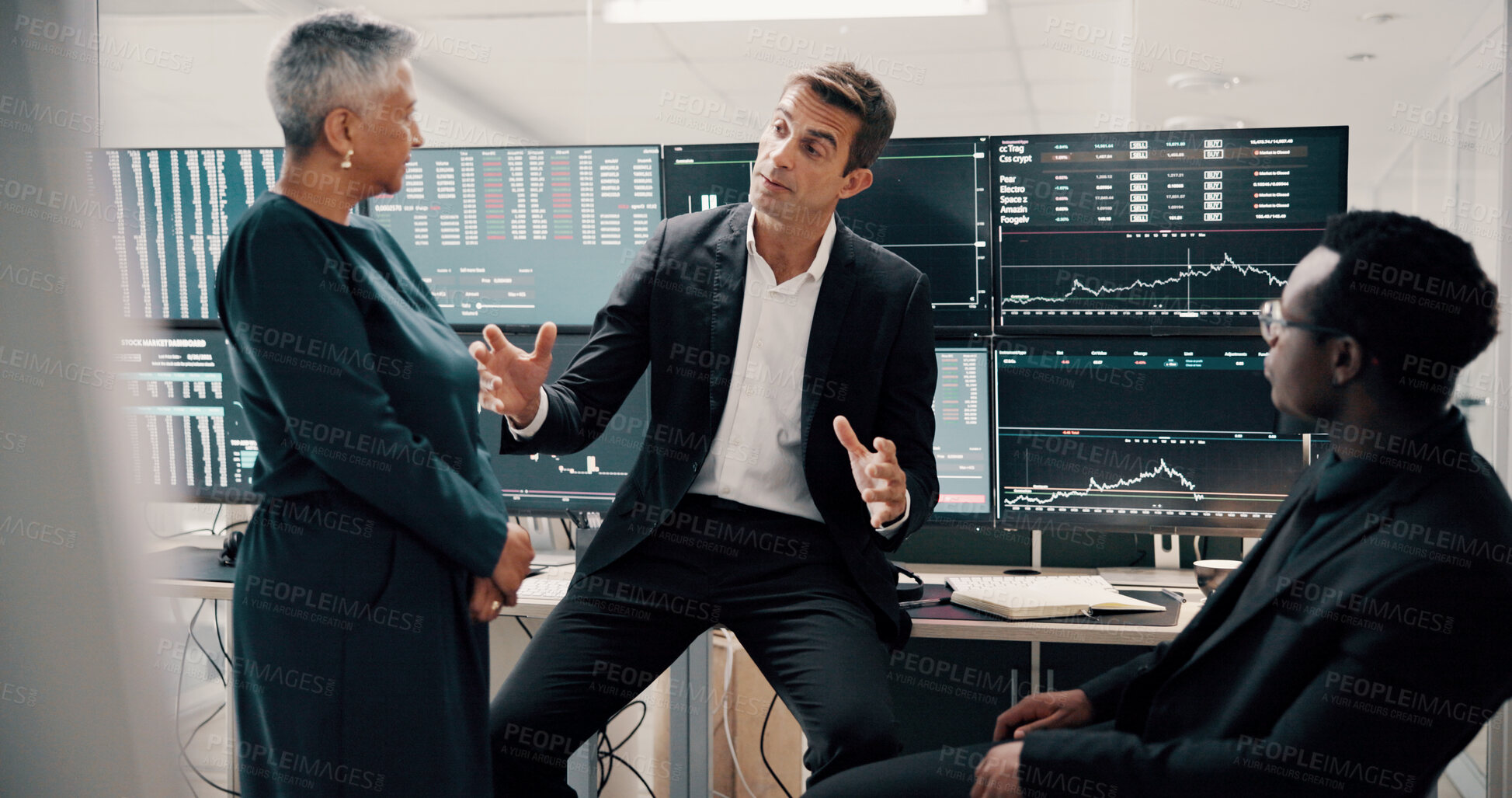 Buy stock photo People, meeting and talk with computer screen for trading,  stock market and finance advice. Manager, team and discussion with investment planning, cryptocurrency and revenue results of profit growth