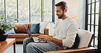 Smile, writer or man with laptop in remote work for newspaper article, report information or research. Freelancer,   happy or journalist typing with online info, news or review for journalism in home