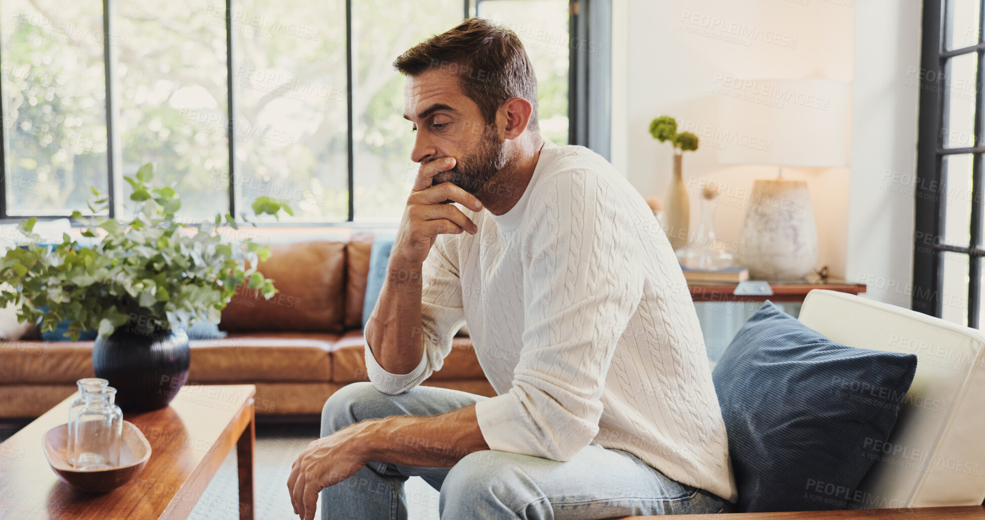 Buy stock photo Thinking, crisis and man in home with stress for bankruptcy, financial challenge or difficult decision. Sad, worry and person with concern for doubt, mistake or debt with reflection for mental health