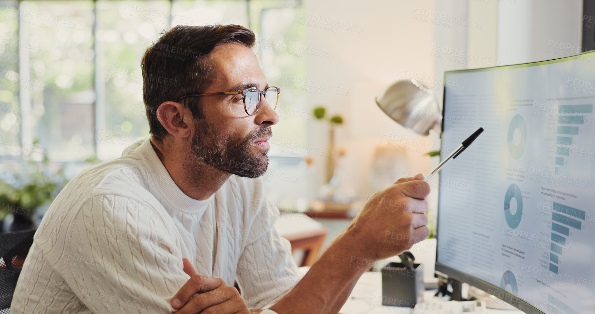 Buy stock photo Graphs, finance and man on computer in home for review of growth for report, charts or data analysis. Reading, remote work or financial analyst with screen for research, solution or problem solving