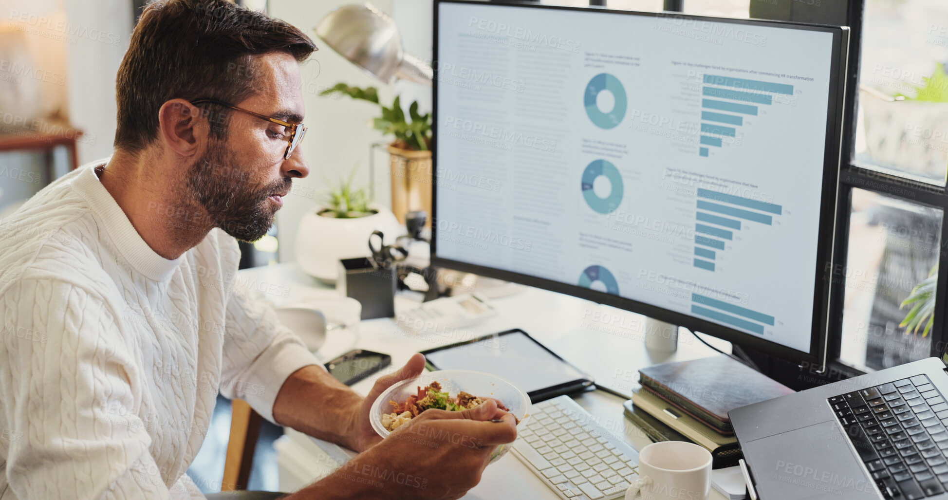 Buy stock photo Breakfast, remote work and man with computer, home and review of graphs for report, online or data analyst. Screen, financial coordinator and person with food in morning, eating or research with tech