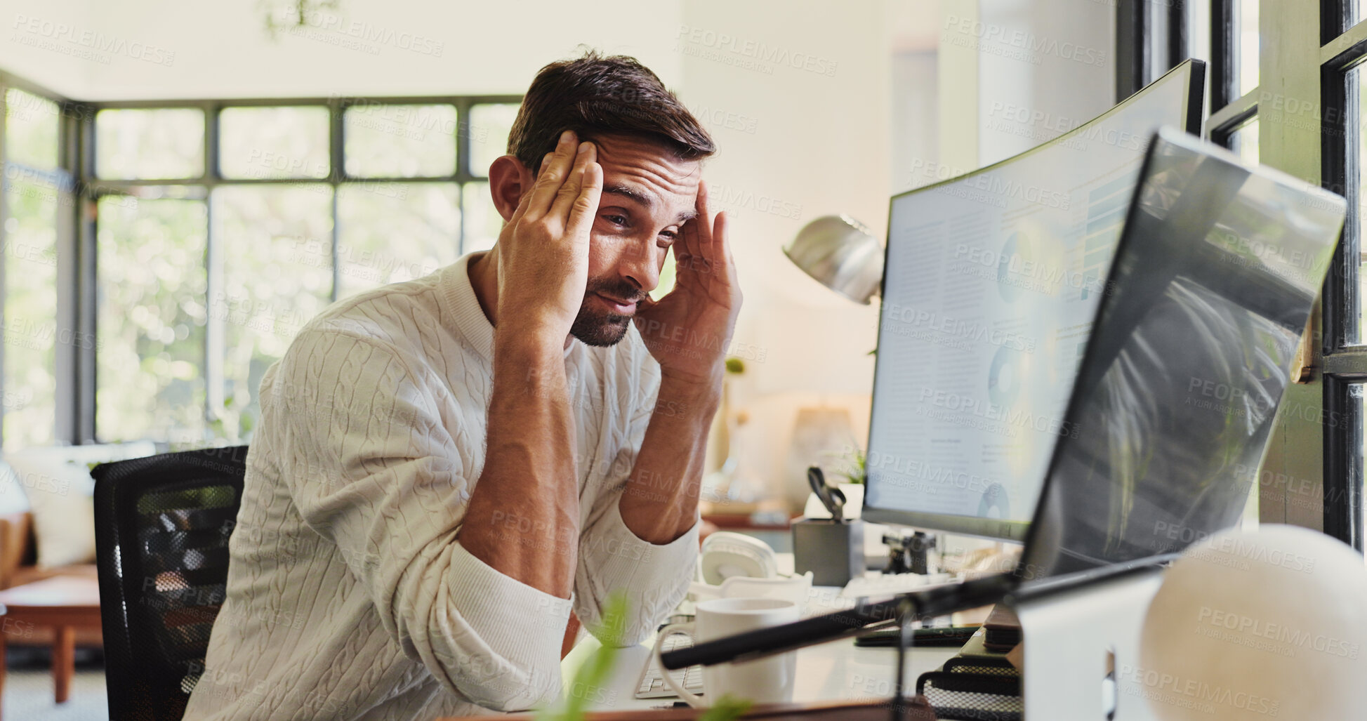 Buy stock photo Business, computer screen and man with headache in home office for database management and brain fog. Remote work, freelance analyst and migraine with burnout, data mistake and overworked on project