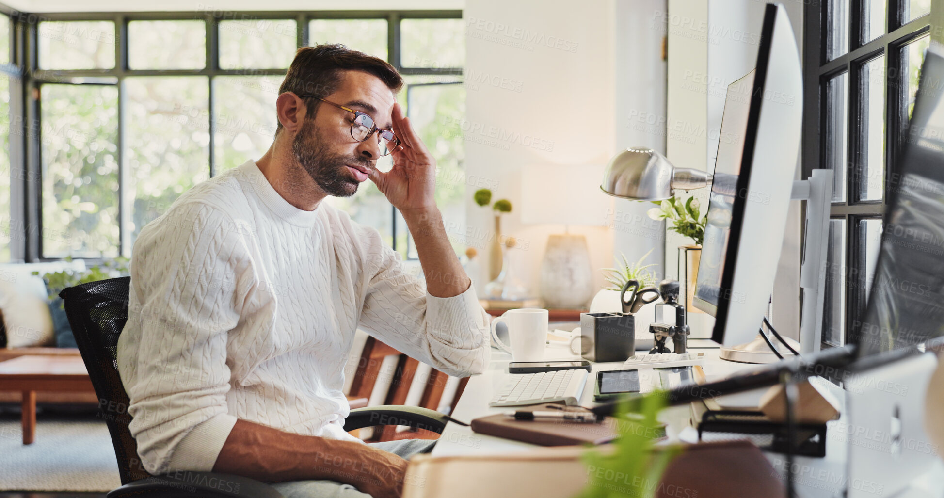 Buy stock photo Tired, business man and computer in home office for database management, brain fog and overworked. Remote work, freelance analyst and exhausted with burnout, mental health or fatigue for data project