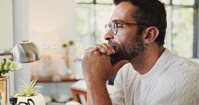 Buy stock photo Home, man and glasses with thinking for planning, vision and contemplation with thoughts in apartment. House, male person and spectacles with ideas for mindset, future and confident in living room