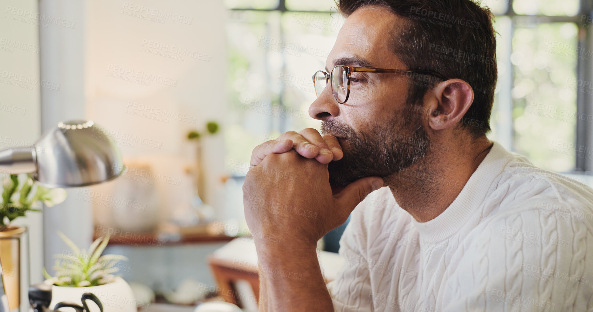 Buy stock photo Home, man and glasses with thinking for planning, vision and contemplation with thoughts in apartment. House, male person and spectacles with ideas for mindset, future and confident in living room