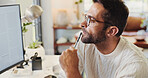 Computer, reading or man with glasses in remote work for newspaper article, report information or research. Freelancer, thinking and journalist with online info, news or review for journalism in home
